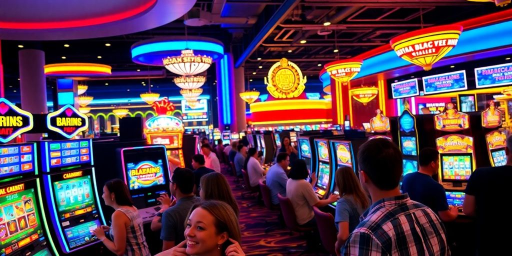 Colorful gaming machines in a lively casino atmosphere.