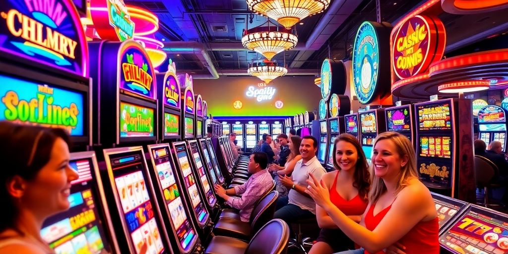 Colorful slot machines in a lively casino environment.