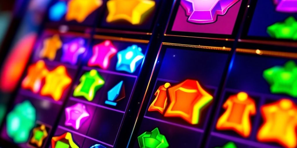 Close-up of a slot machine with colorful gems.