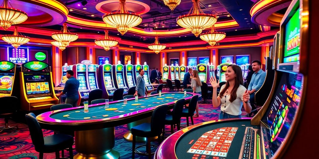 Exciting online casino atmosphere with players and gaming tables.