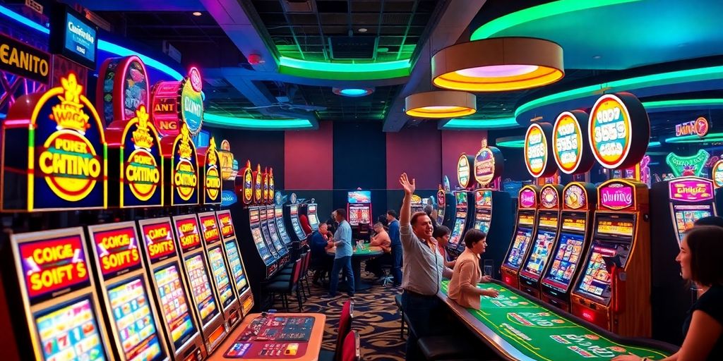 Colorful casino scene with slot machines and players.