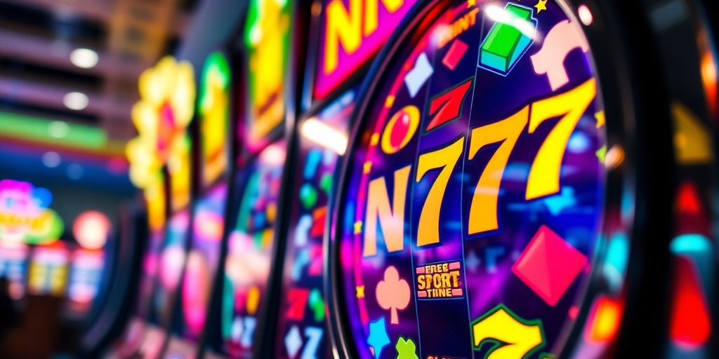 Colorful slot machine with vibrant symbols and lights.