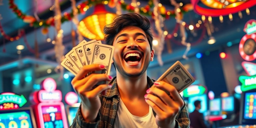 Person celebrating with cash and casino chips.