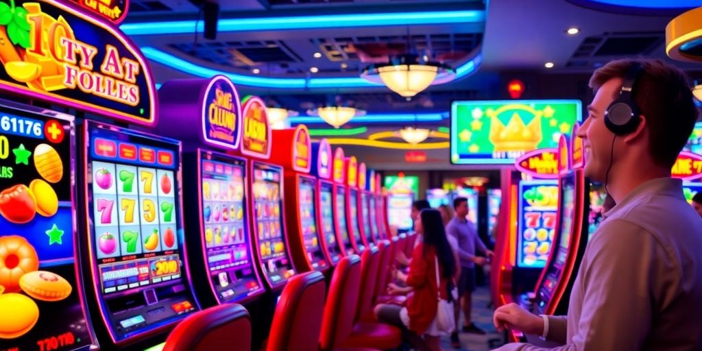 Vibrant casino scene with slot machines and colorful symbols.