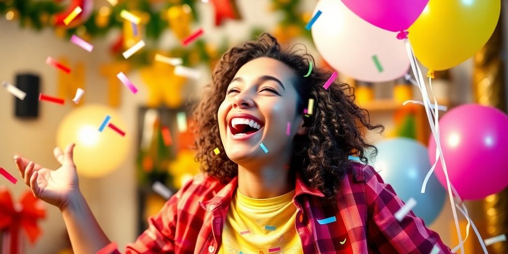 Happy person celebrating with confetti and balloons.