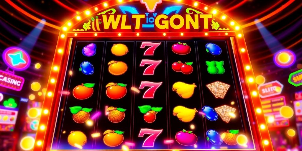 Colorful online slot machine with spinning reels and lights.