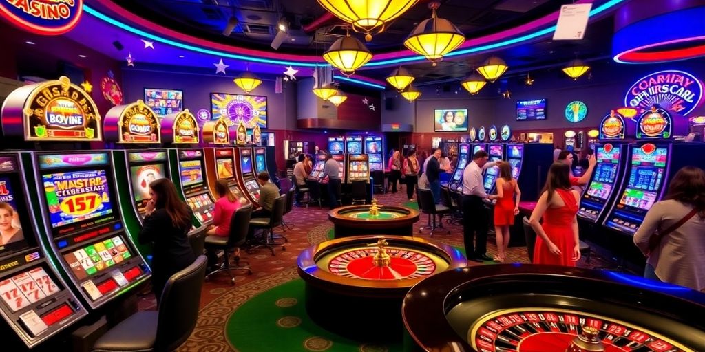 Colorful casino scene with slot machines and cards.