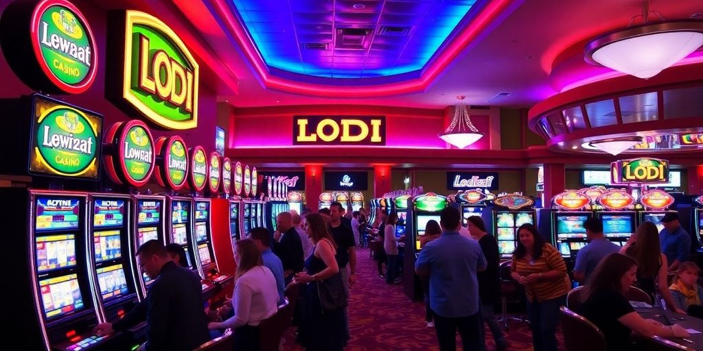 Vibrant casino scene with players and slot machines.