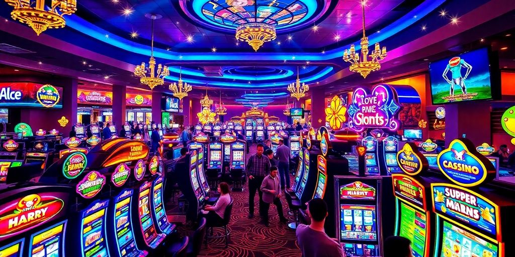 Colorful slot machines and excited players in a casino.