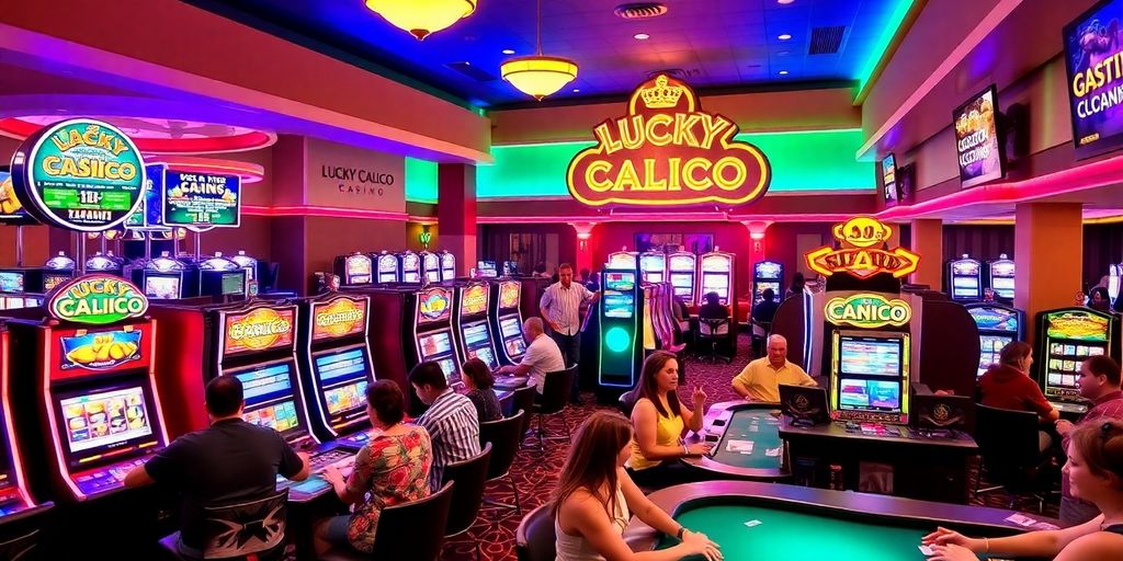 Colorful casino scene with slot machines and gaming tables.