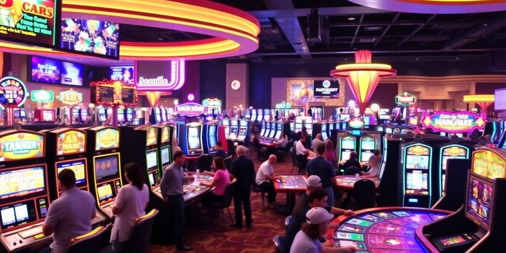 Vibrant casino with colorful slot machines and players.