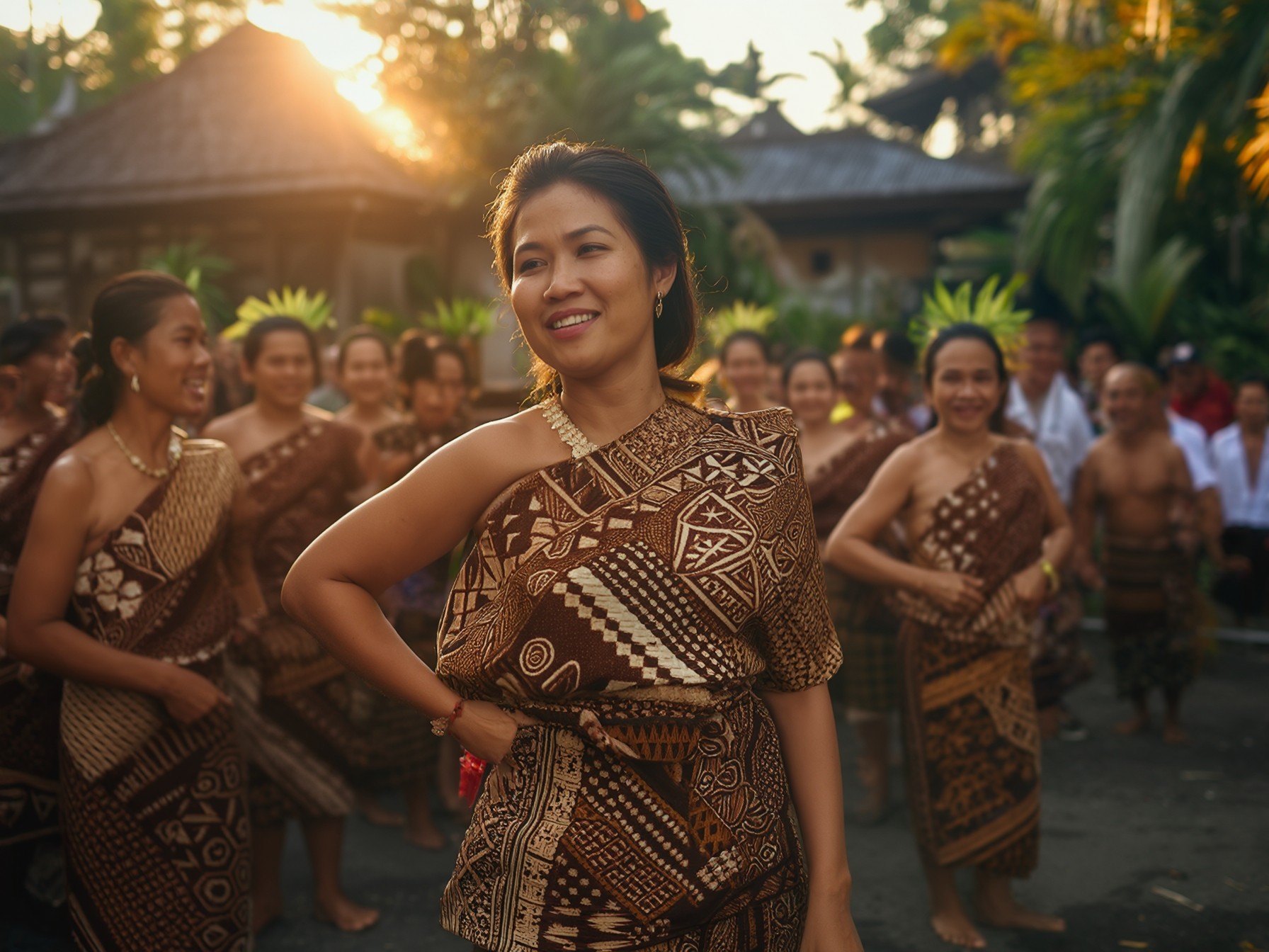 Cultural dance performance in traditional attire at sunset with tropical background.