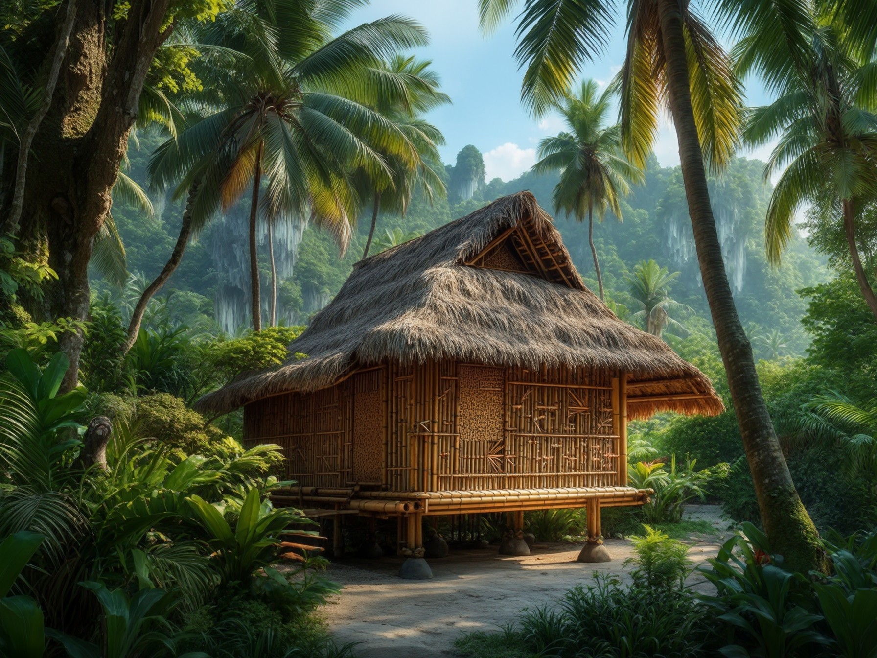 Traditional bamboo hut surrounded by lush tropical forest, with palm trees and a serene jungle backdrop.