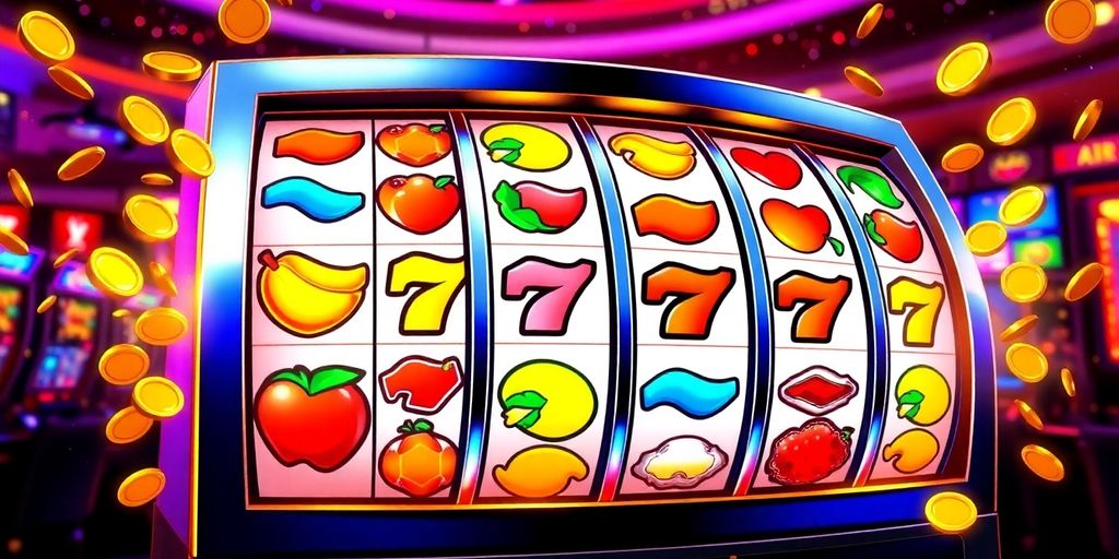 Colorful slot machine with spinning reels and falling coins.