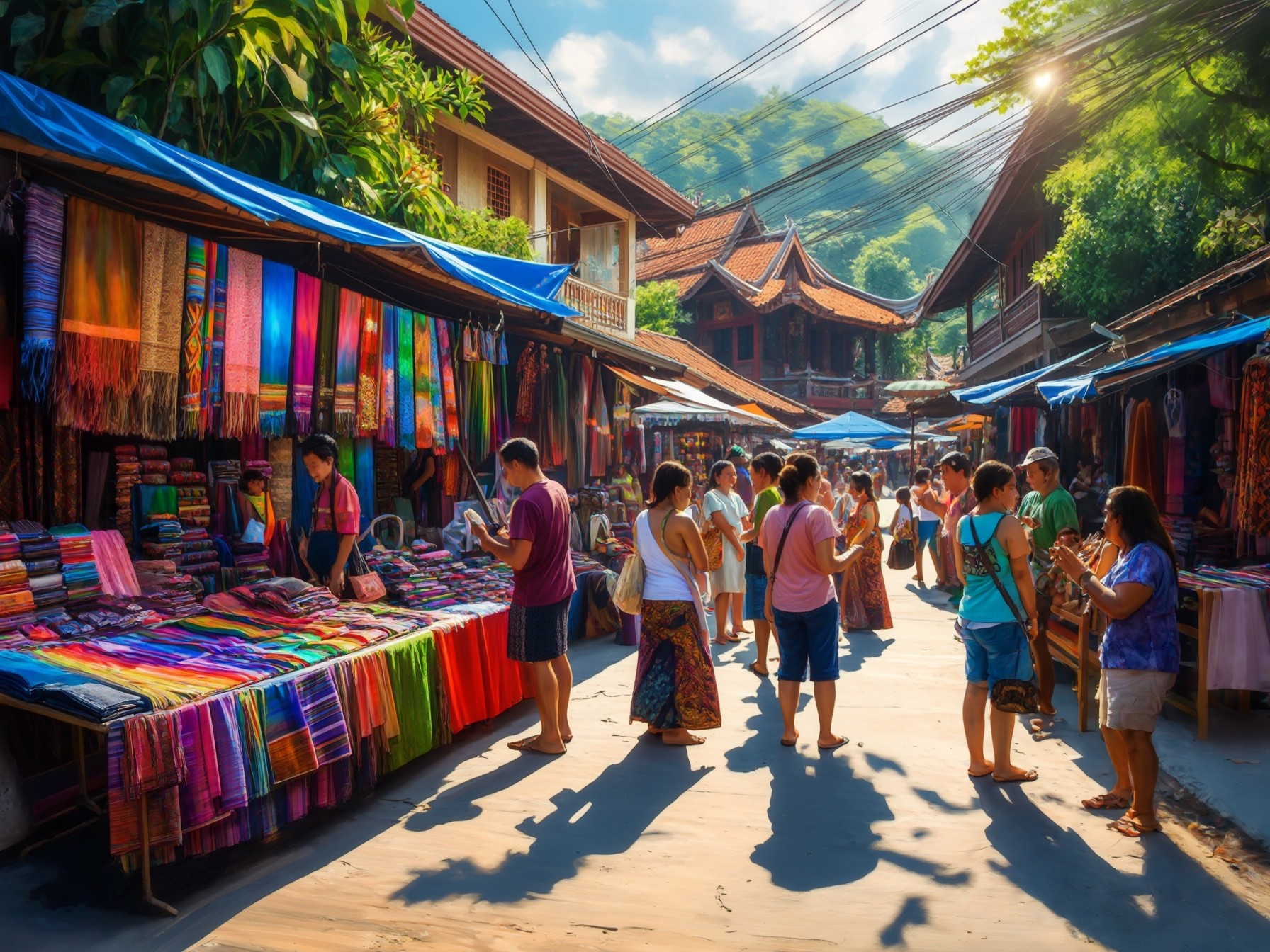 Colorful street market with vibrant textiles and shoppers exploring traditional goods under sunny skies in a scenic village setting.