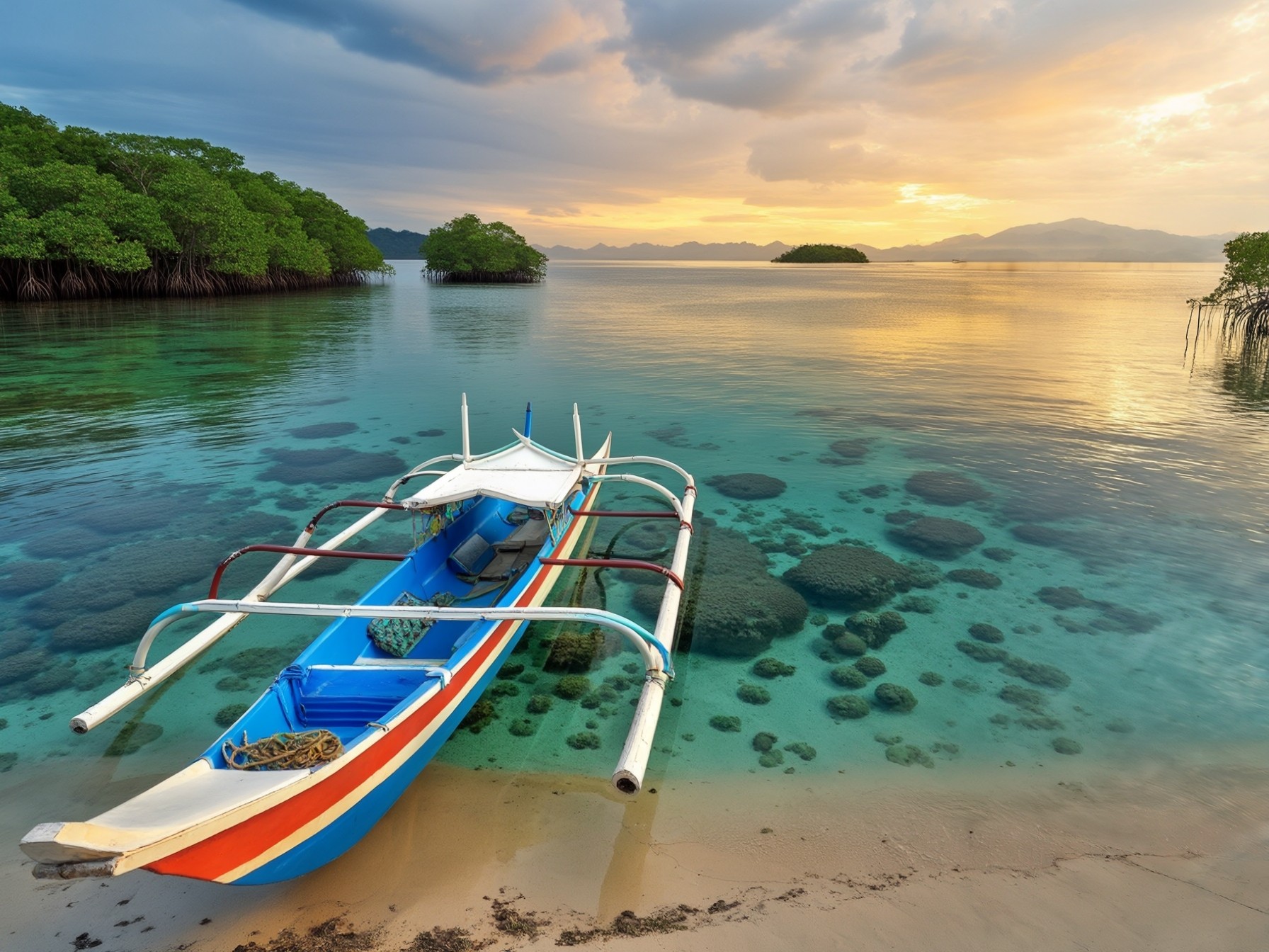 Traditional canoe on tropical beach with clear turquoise water and lush mangroves during sunset in a tranquil island setting.