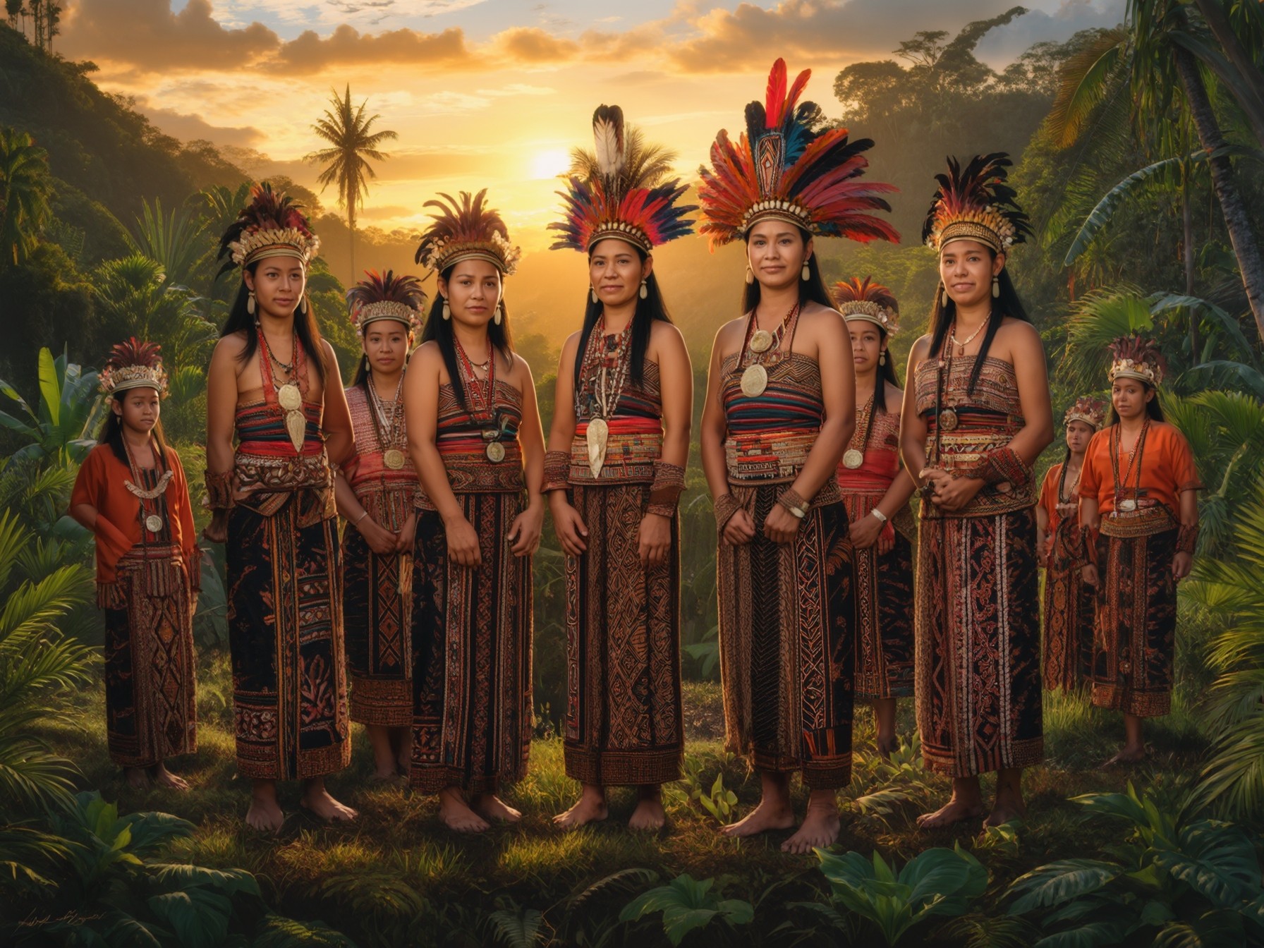 Group wearing traditional attire with colorful feathered headdresses in a lush tropical setting at sunset.