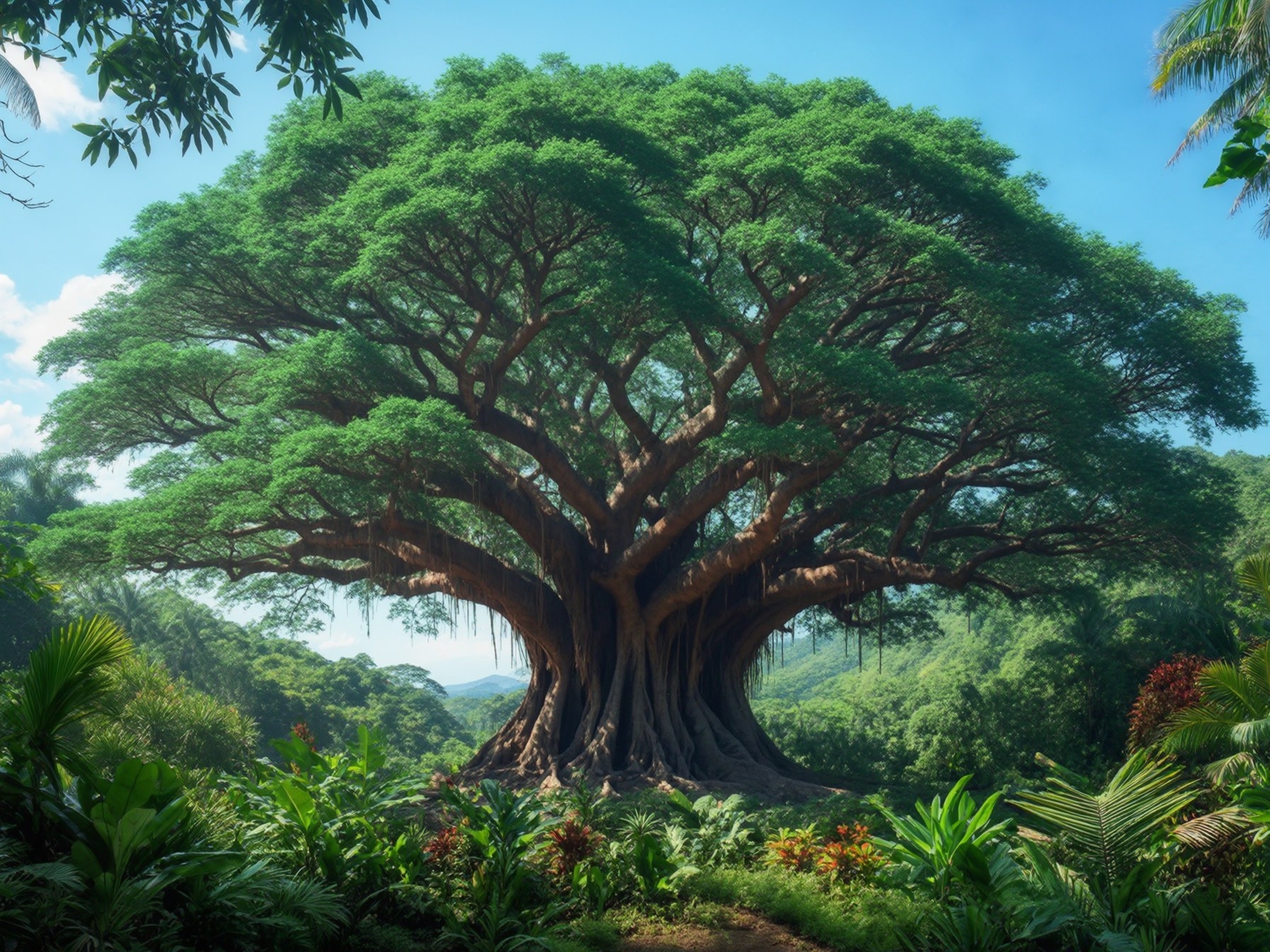 A majestic, sprawling banyan tree surrounded by lush, tropical vegetation under a bright blue sky.