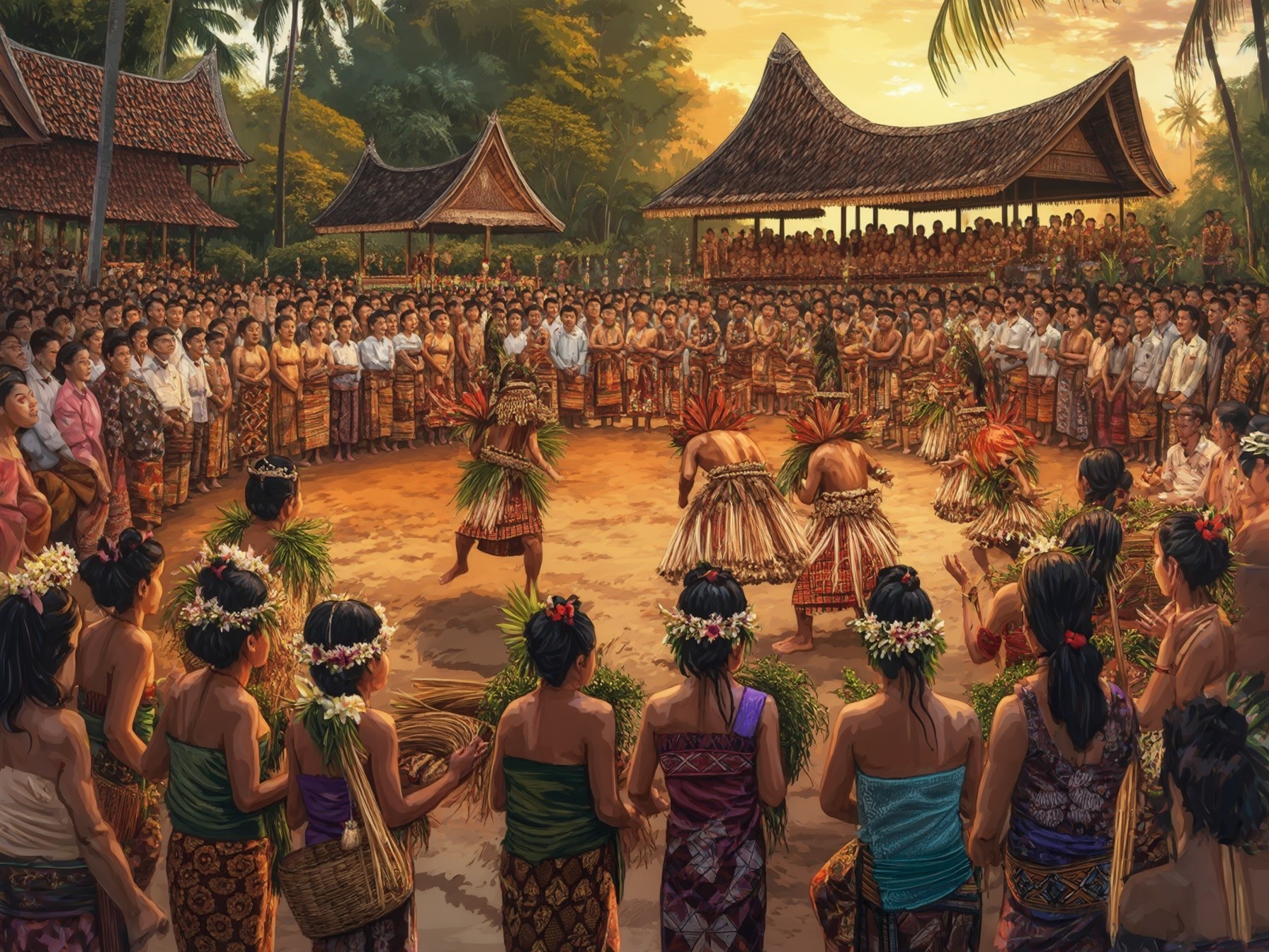 Traditional Pacific island dance ceremony in vibrant attire, surrounded by a large, engaged audience in a tropical setting.