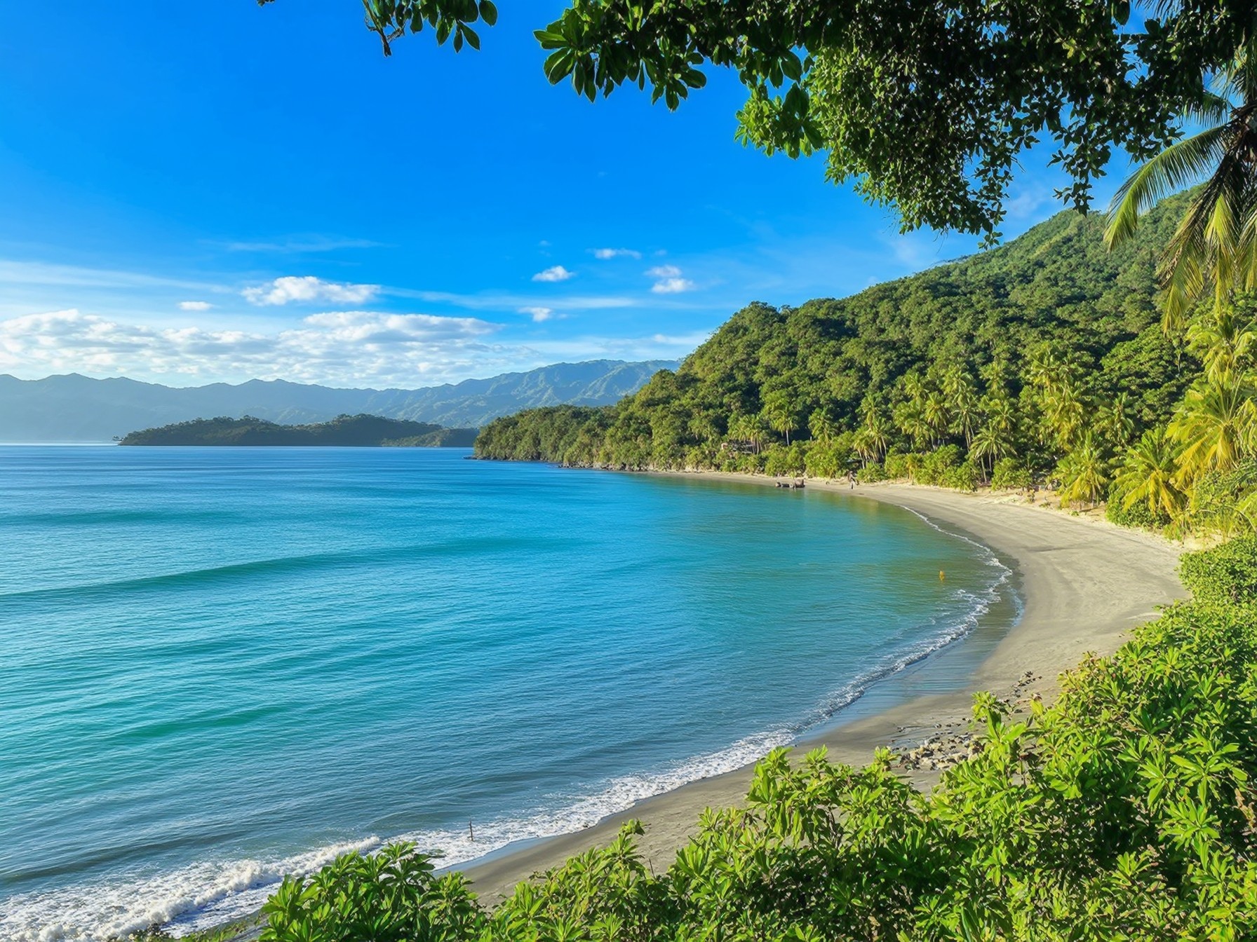 Tropical beach with white sand, turquoise water, lush green forest, and clear blue sky on a sunny day.