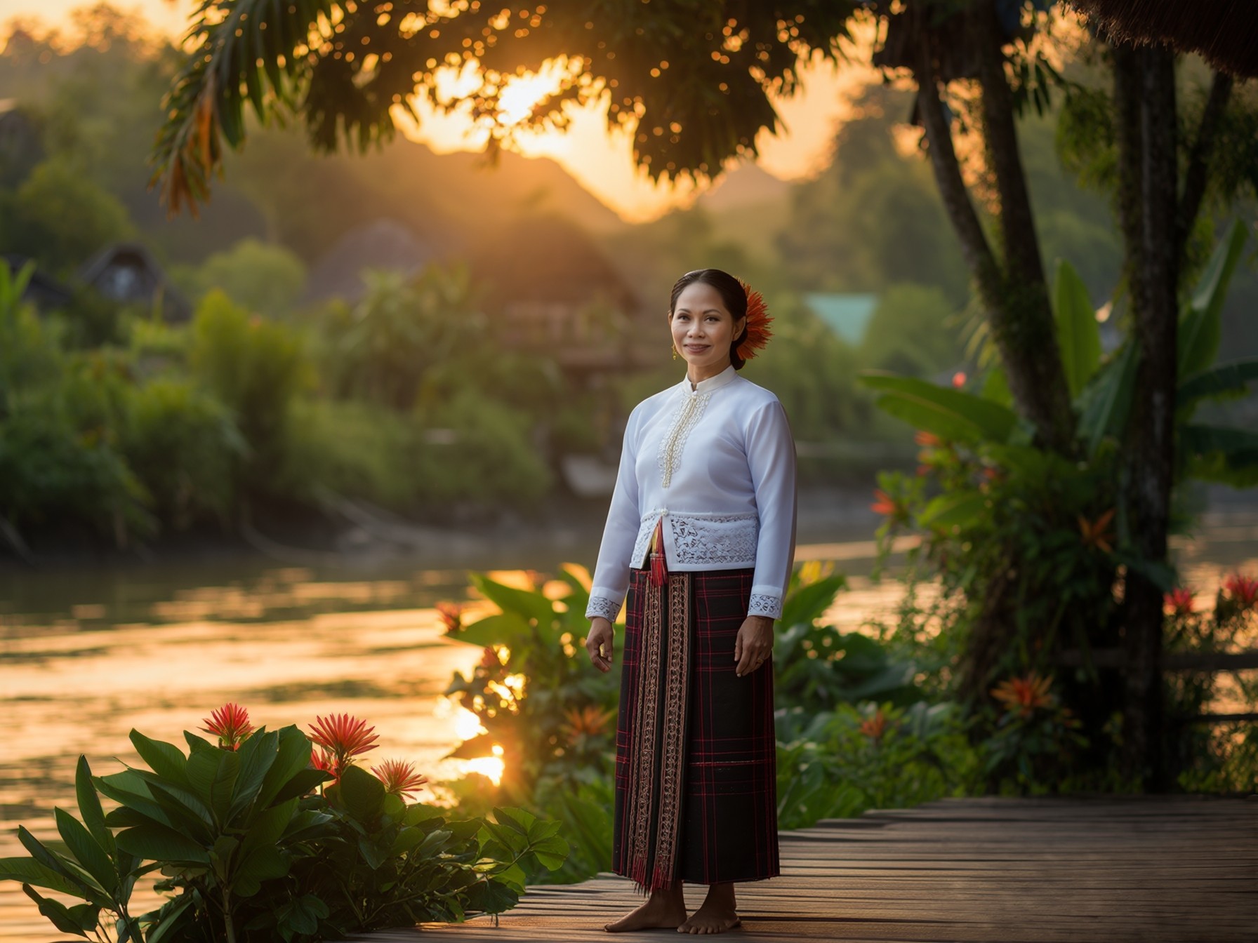 Traditional attire at sunset by a tropical river with lush greenery and vibrant flowers in the background.