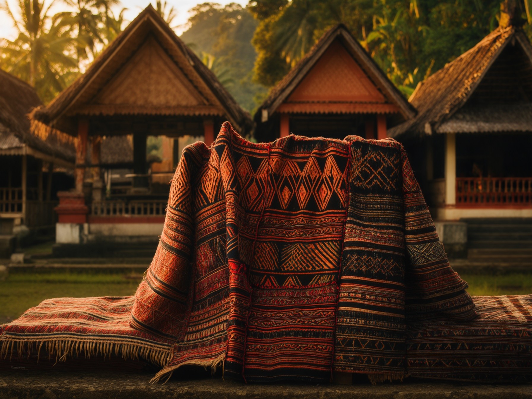 Traditional Indonesian textiles on display with wooden huts and lush greenery in the background at sunset