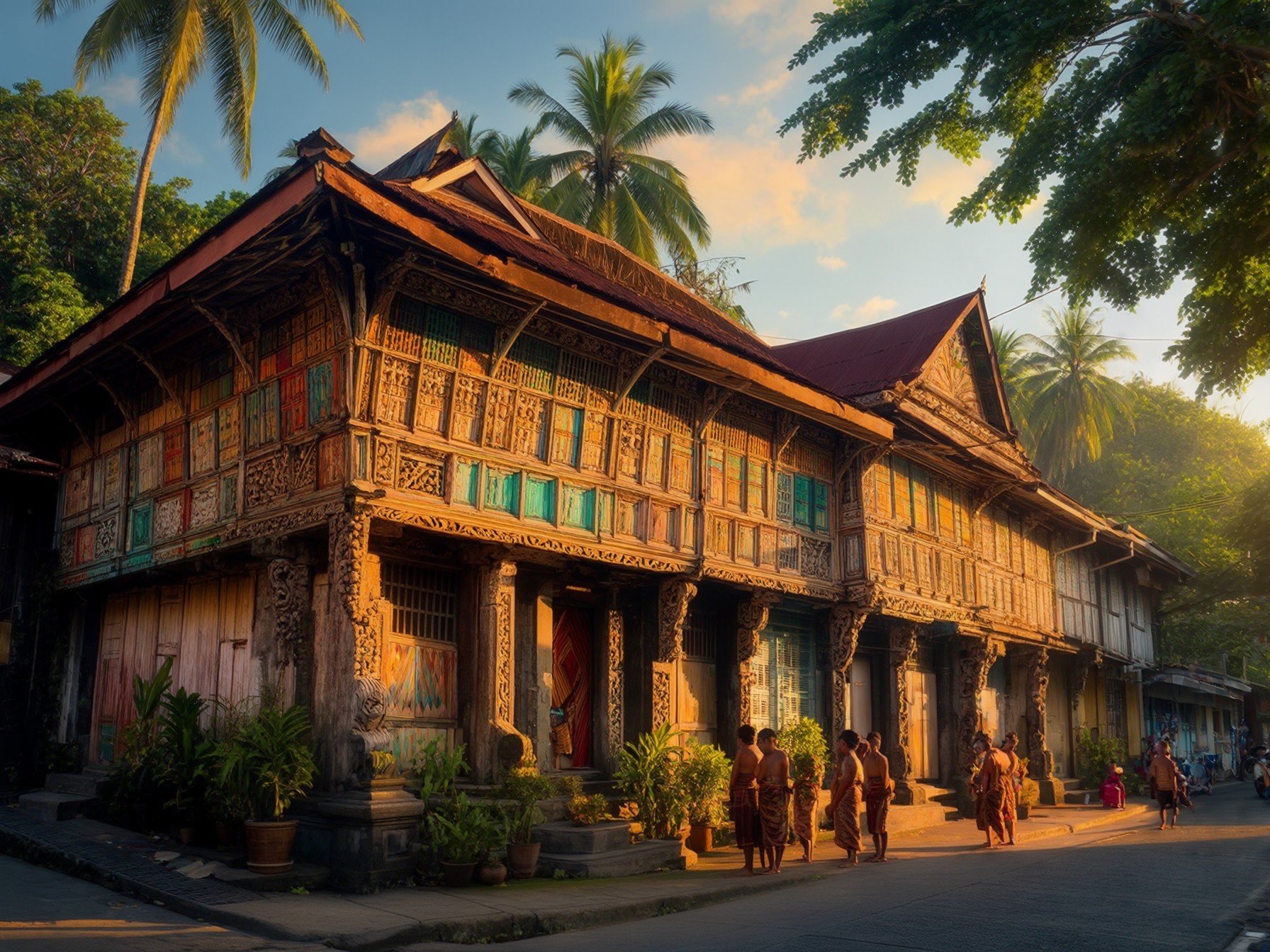 Traditional Asian architecture with ornate wooden decorations and people in cultural attire, framed by lush palm trees at sunset.