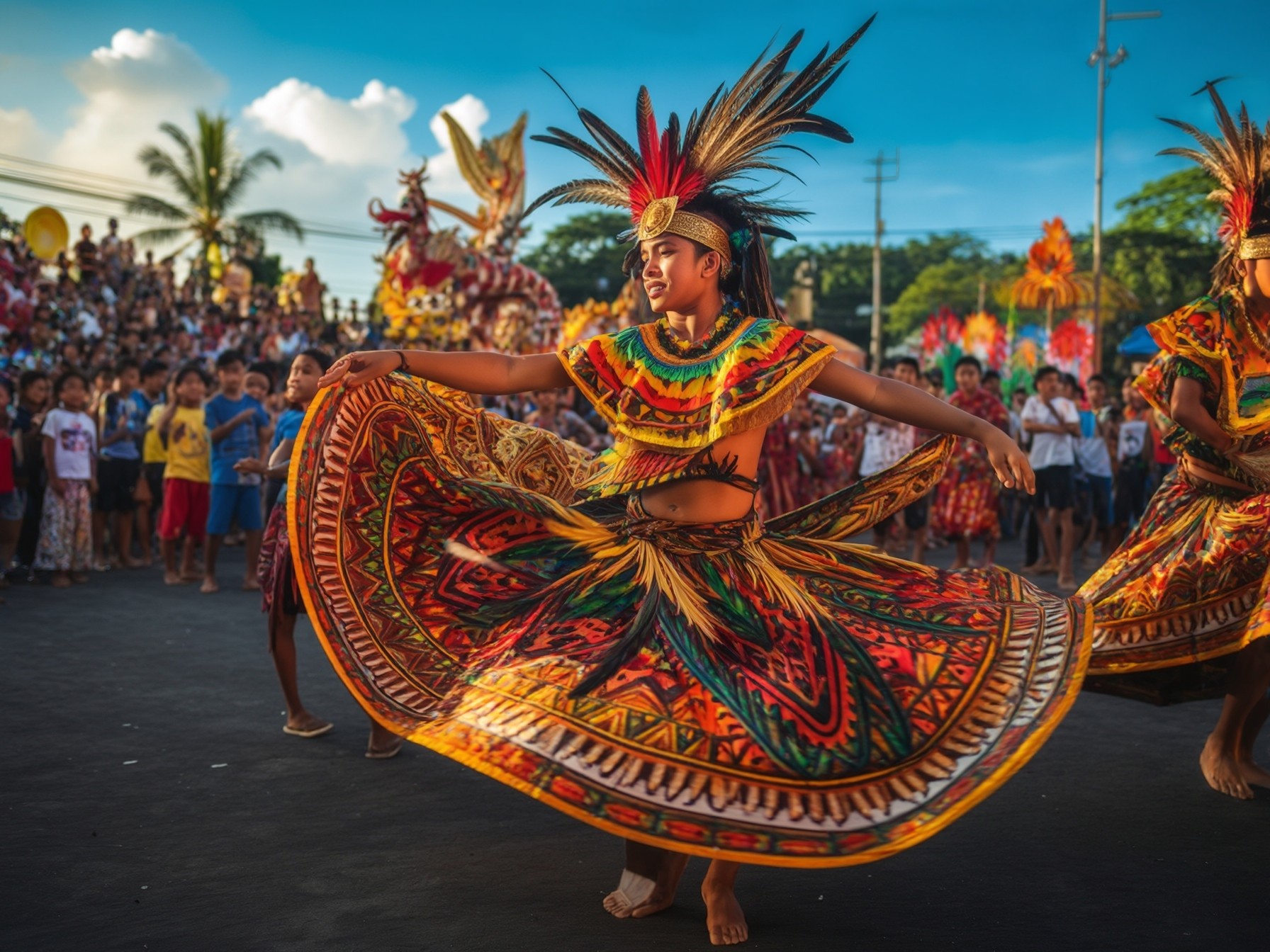 The image depicts a vibrant cultural dance performance during a festival. A dancer, dressed in a colorful traditional outfit with feathers, is twirling gracefully, surrounded by a crowd of spectators. The bright sunlight enhances the vivid patterns and colors of the dancer's attire, and the background shows other performers and a festive atmosphere. **SEO Alt Text:** "Vibrant cultural dance performance with colorful traditional costumes and feathers at a festival."