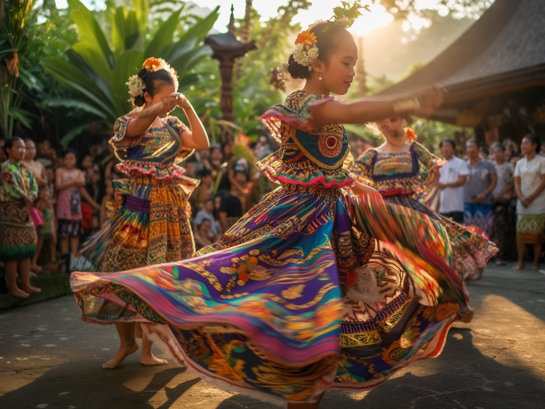 Traditional Balinese dancers performing in vibrant costumes during a cultural event at sunset, surrounded by lush greenery.