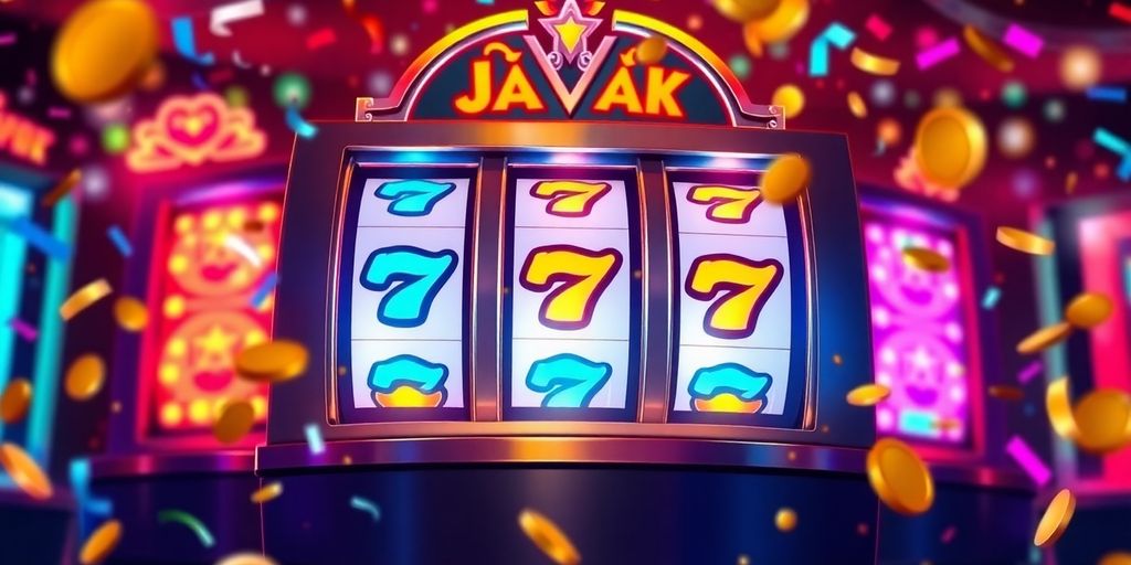 Colorful jackpot slot machine with confetti and coins.