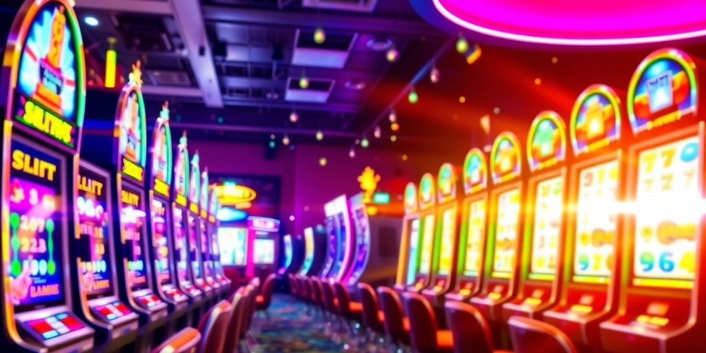 Colorful slot machines in a lively gaming atmosphere.