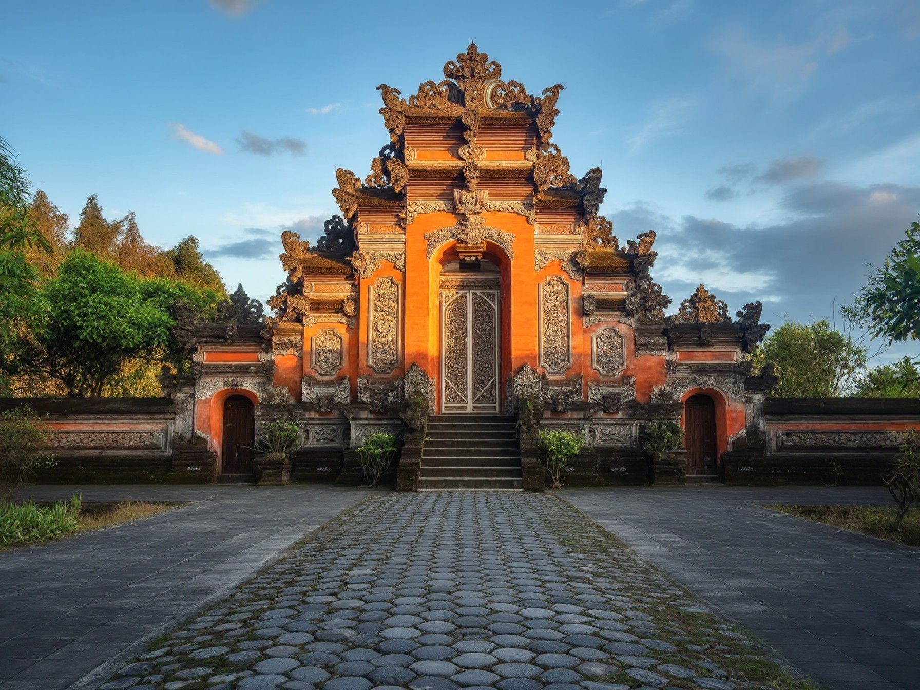 A traditional Balinese temple gate with intricate carvings, surrounded by lush greenery under a blue sky.