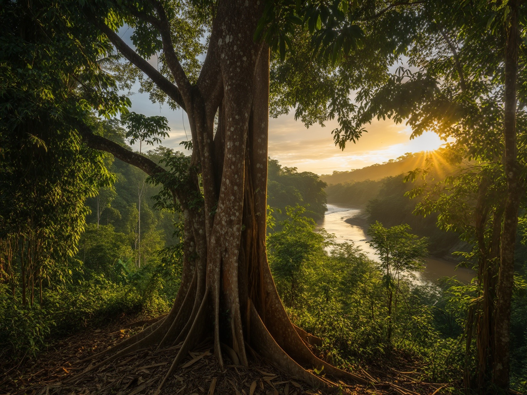 Sunlight filtering through a lush rainforest, highlighting a massive tree and a serene river in the background.