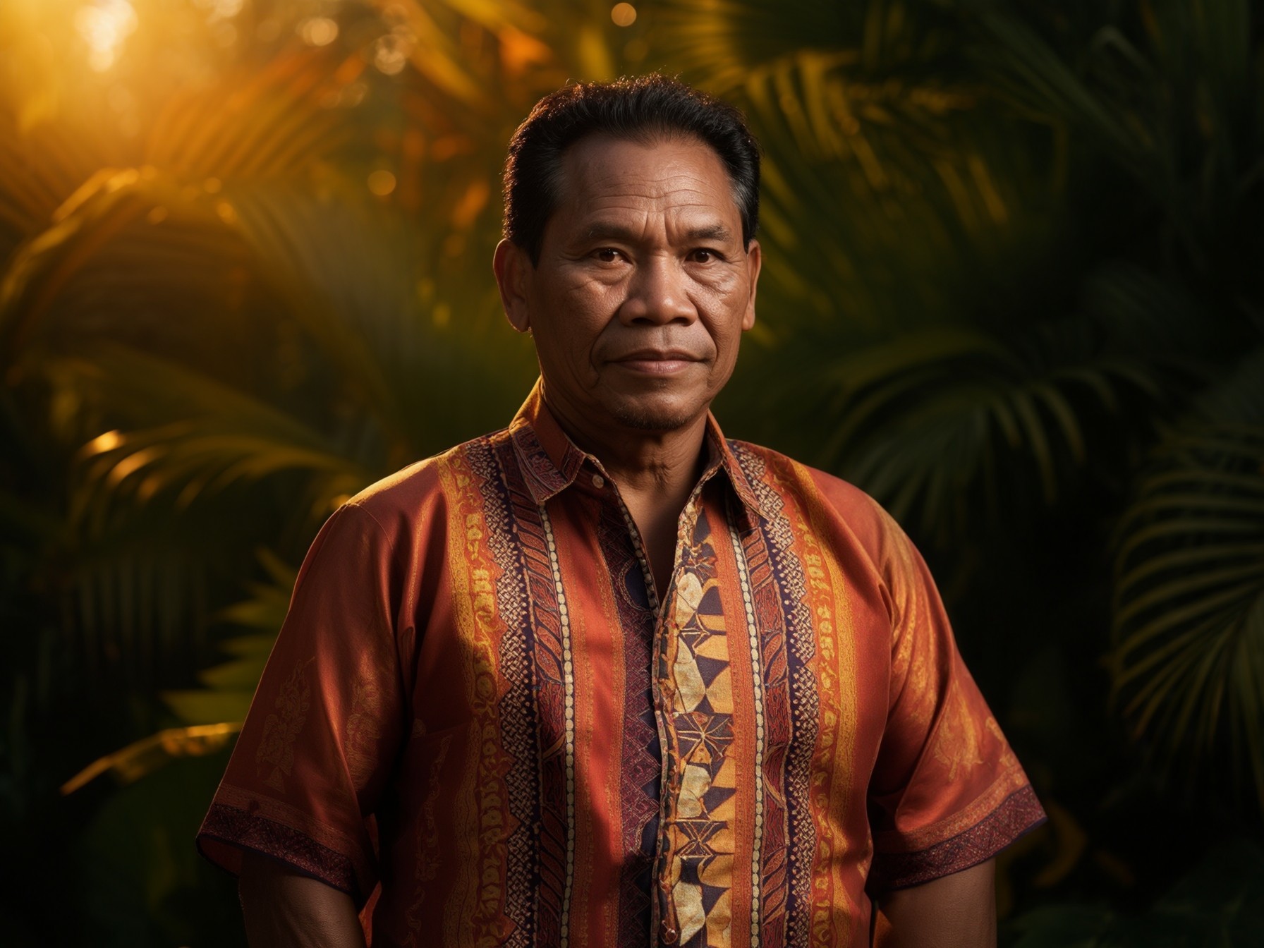 A person wearing a traditional patterned shirt standing in a lush tropical setting lit by warm sunlight.