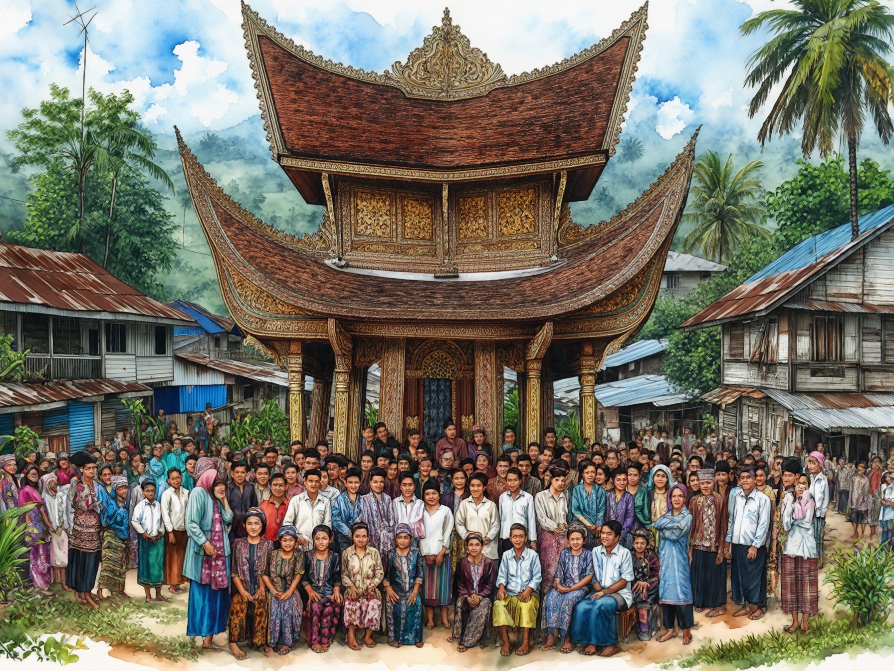 Traditional Minangkabau architecture with a large gathering in front of Rumah Gadang, West Sumatra, Indonesia.