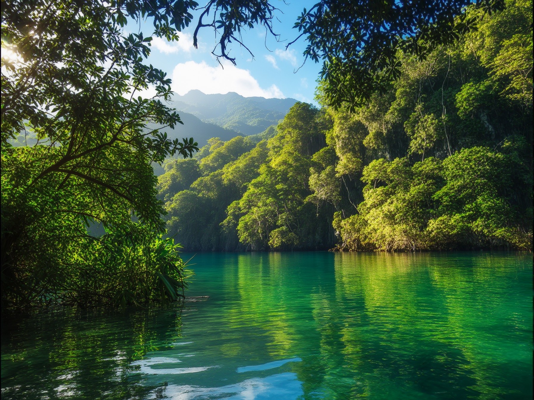 Lush tropical forest surrounding a serene turquoise lake with sunlight filtering through the trees, creating a peaceful natural scene.