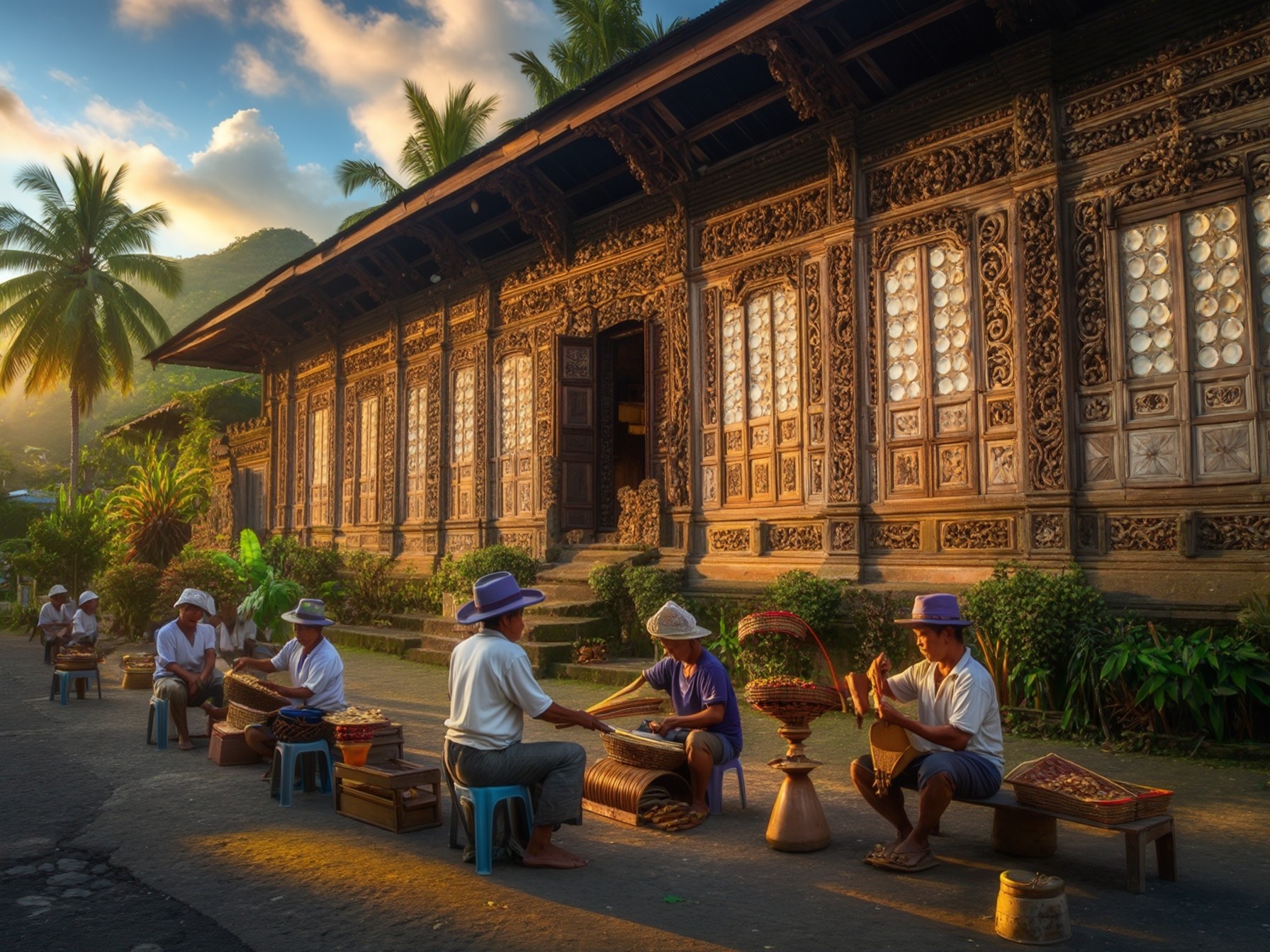 Traditional handcrafted basket weaving in front of ornate wooden building during sunset with palm trees.