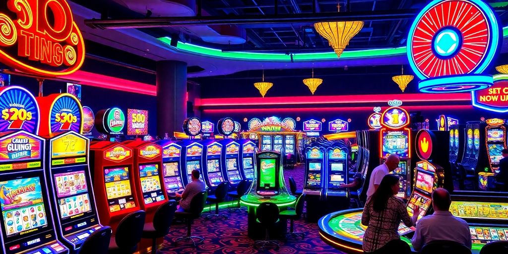 Colorful online casino with slot machines and gaming tables.