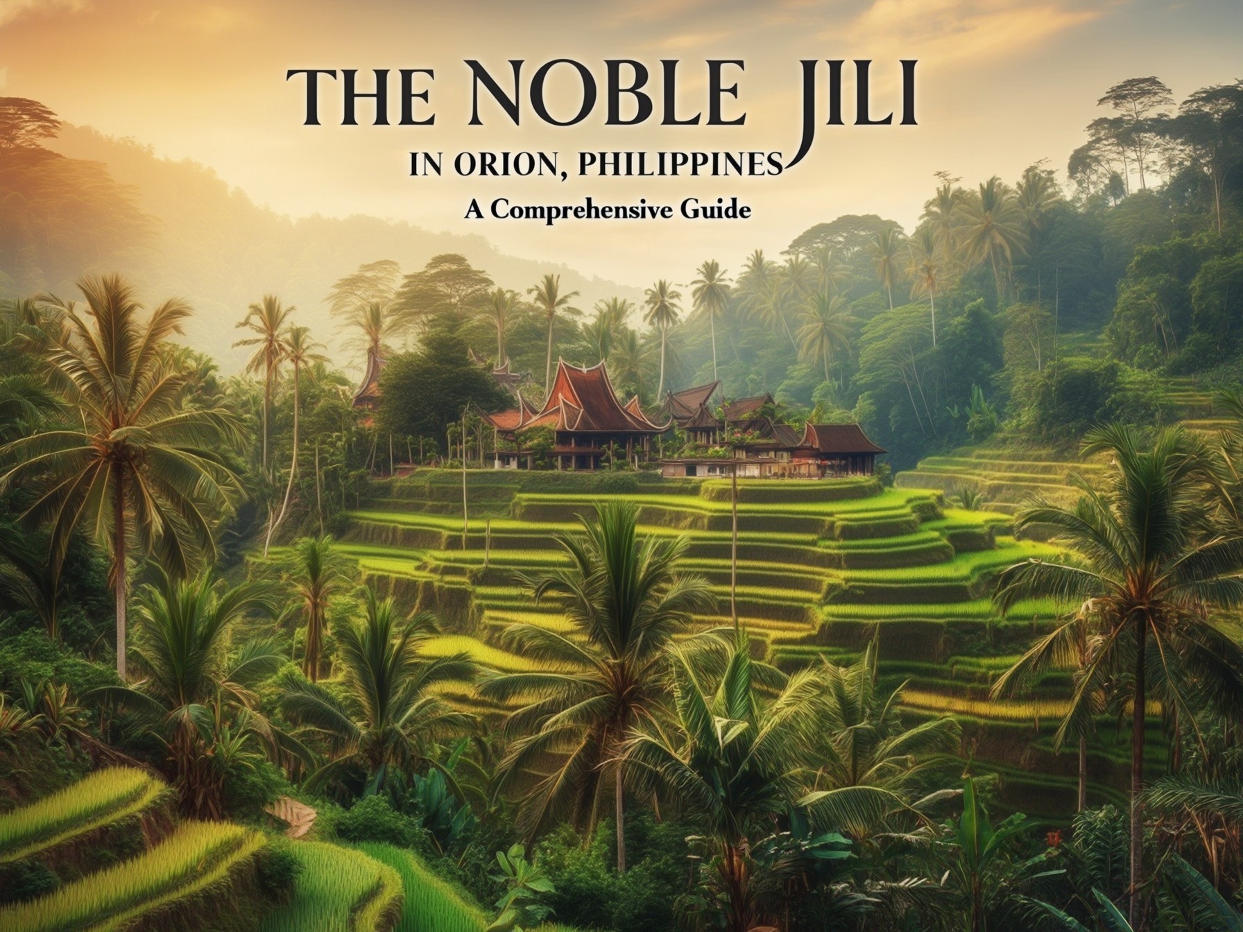 Traditional Filipino house in lush jungle with terraced rice fields, text overlaying the image about "The Noble Jili" in Orion, Philippines.