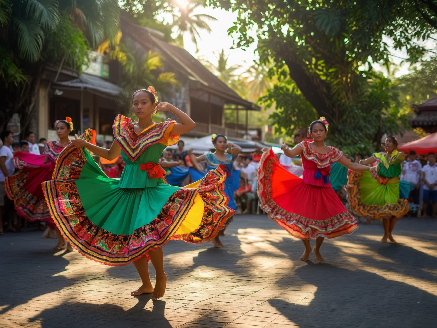 Traditional dancers in colorful dresses performing a vibrant cultural dance outdoors, surrounded by trees and spectators.