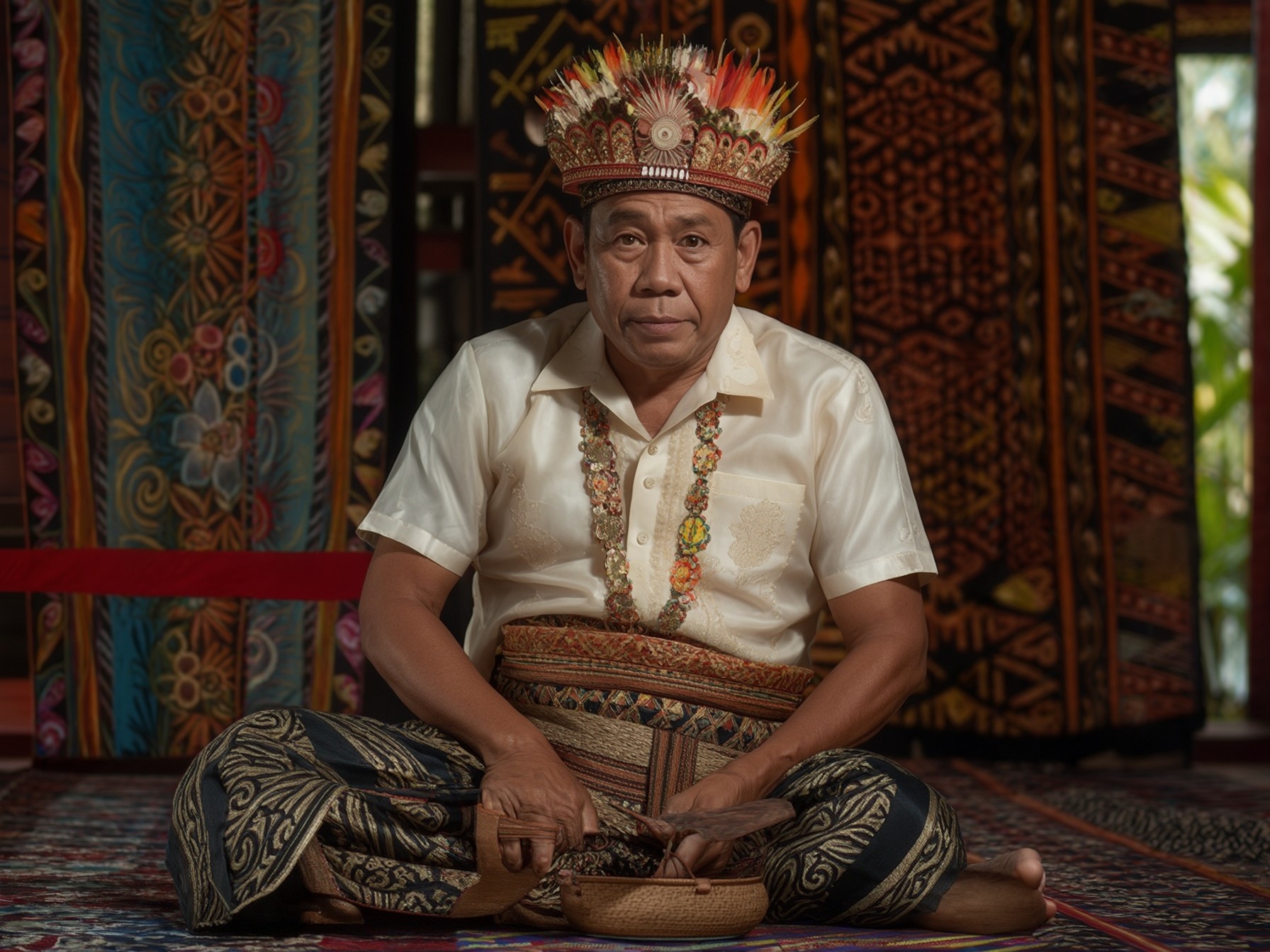 Man in traditional attire sitting cross-legged with vibrant patterned background.