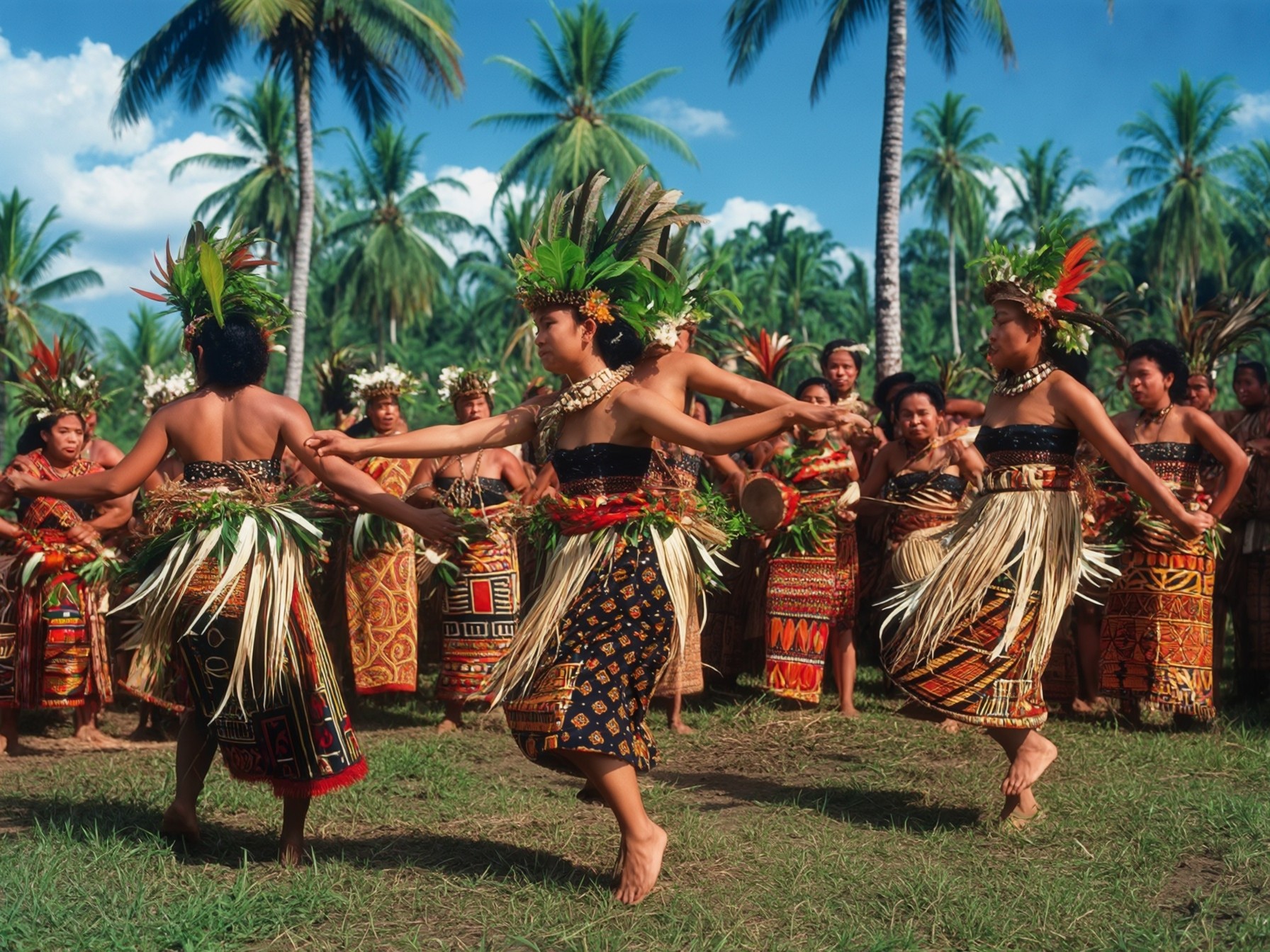 Traditional Polynesian dancers in vibrant costumes performing in a tropical setting with palm trees.