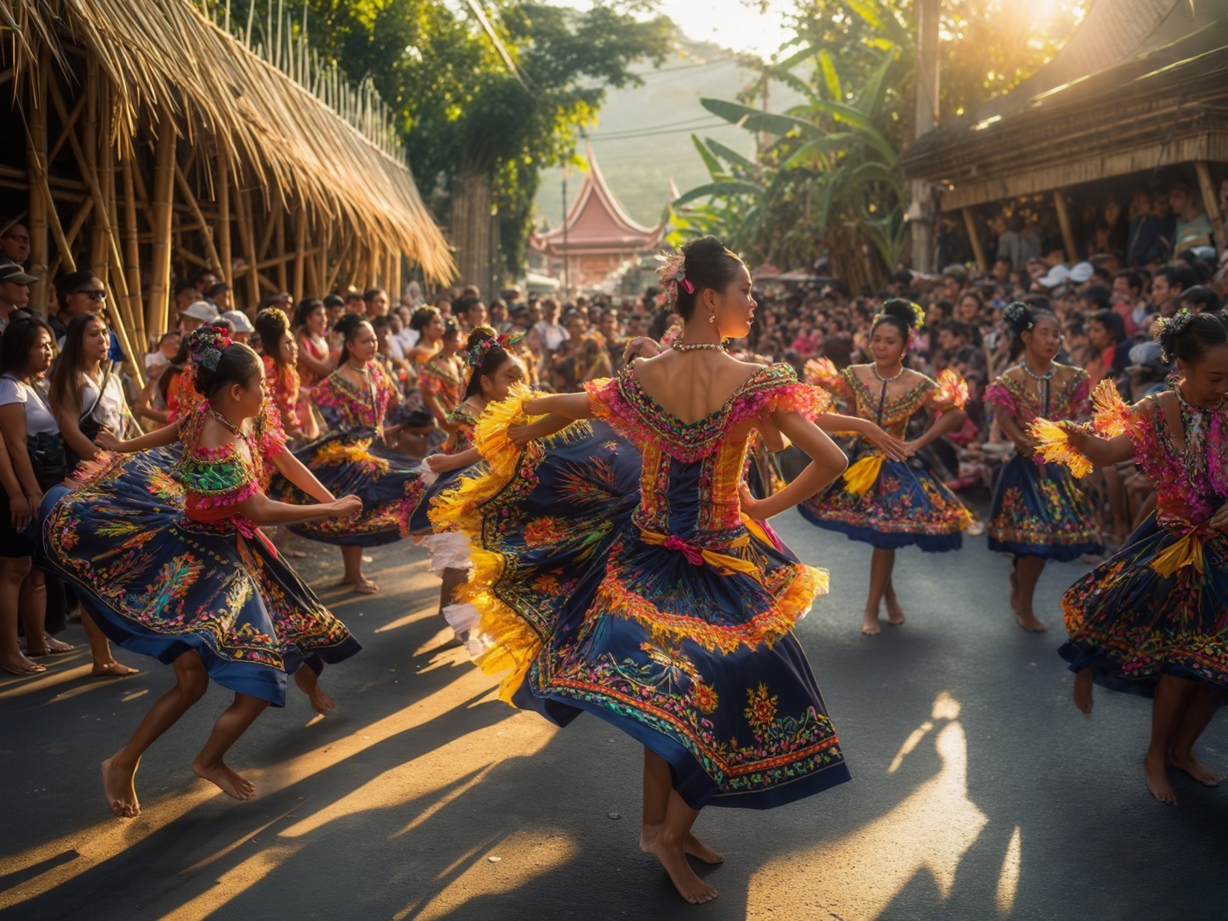 Traditional dancers in colorful dresses performing at a cultural festival with an audience in a sunlit outdoor setting.