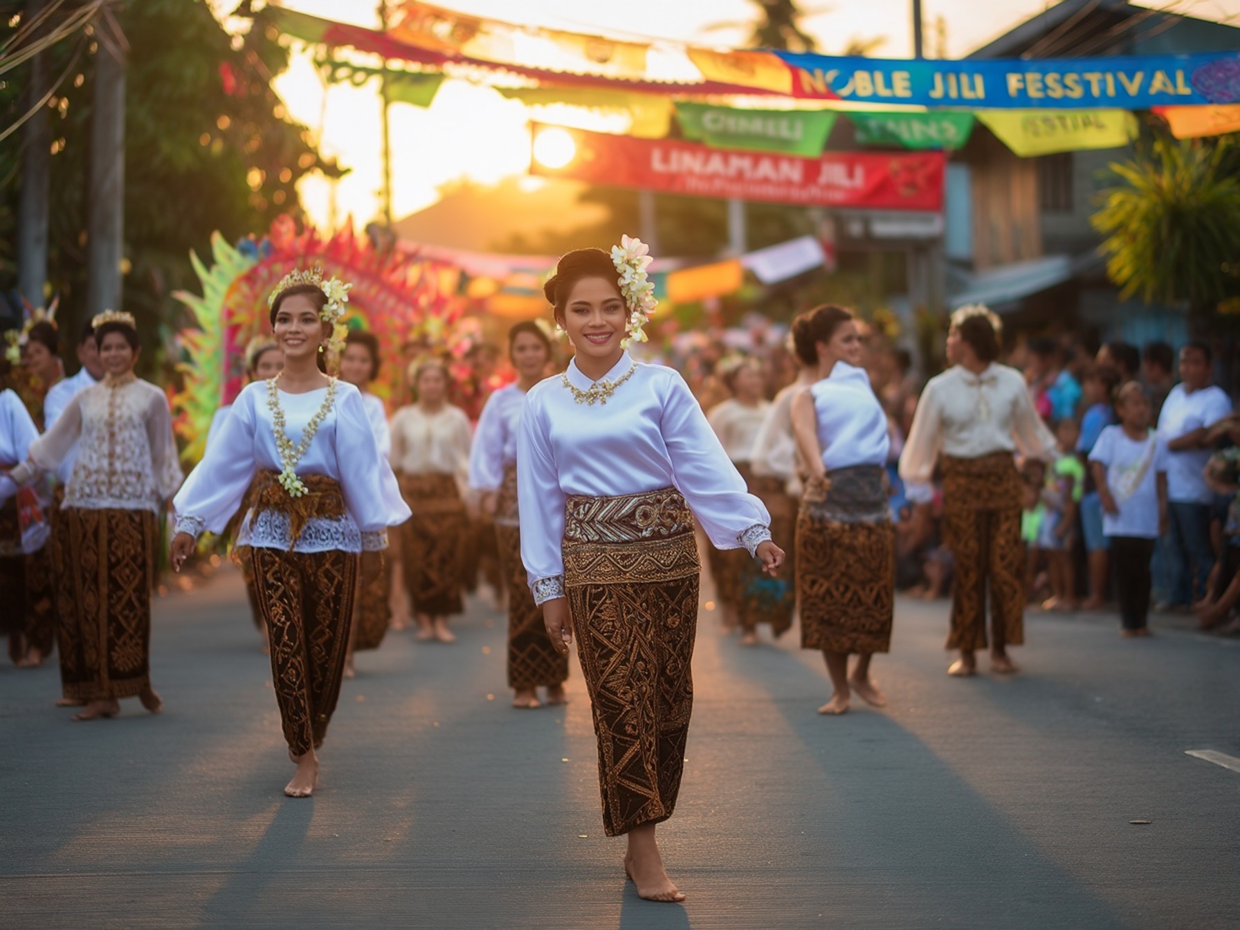 Traditional festival with people in cultural attire parading on street; vibrant banners and sunset enhancing cultural celebration.