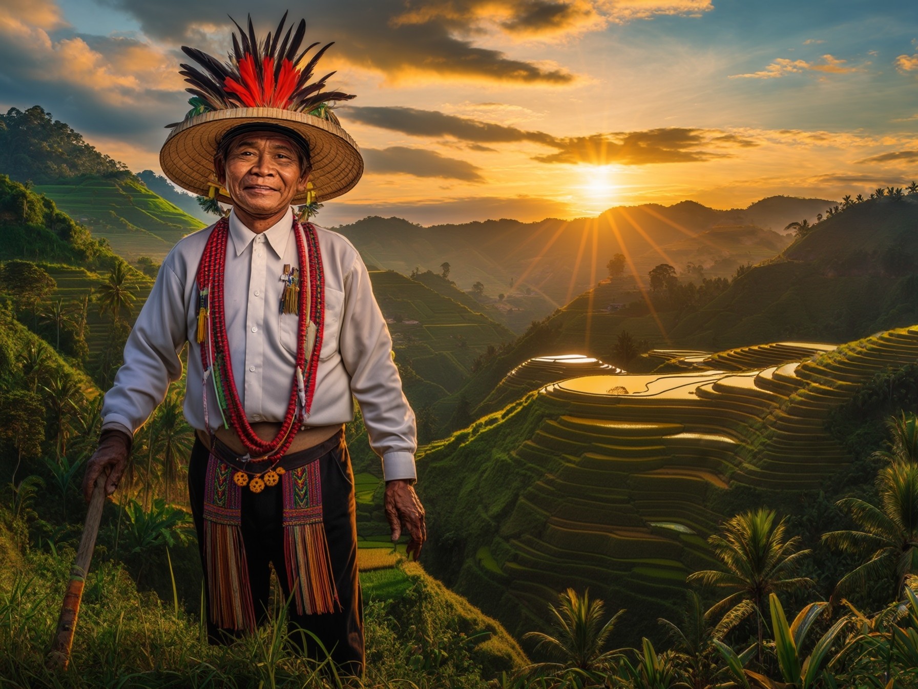 Elderly man in traditional attire with a feathered hat, standing in front of terraced rice fields at sunset.