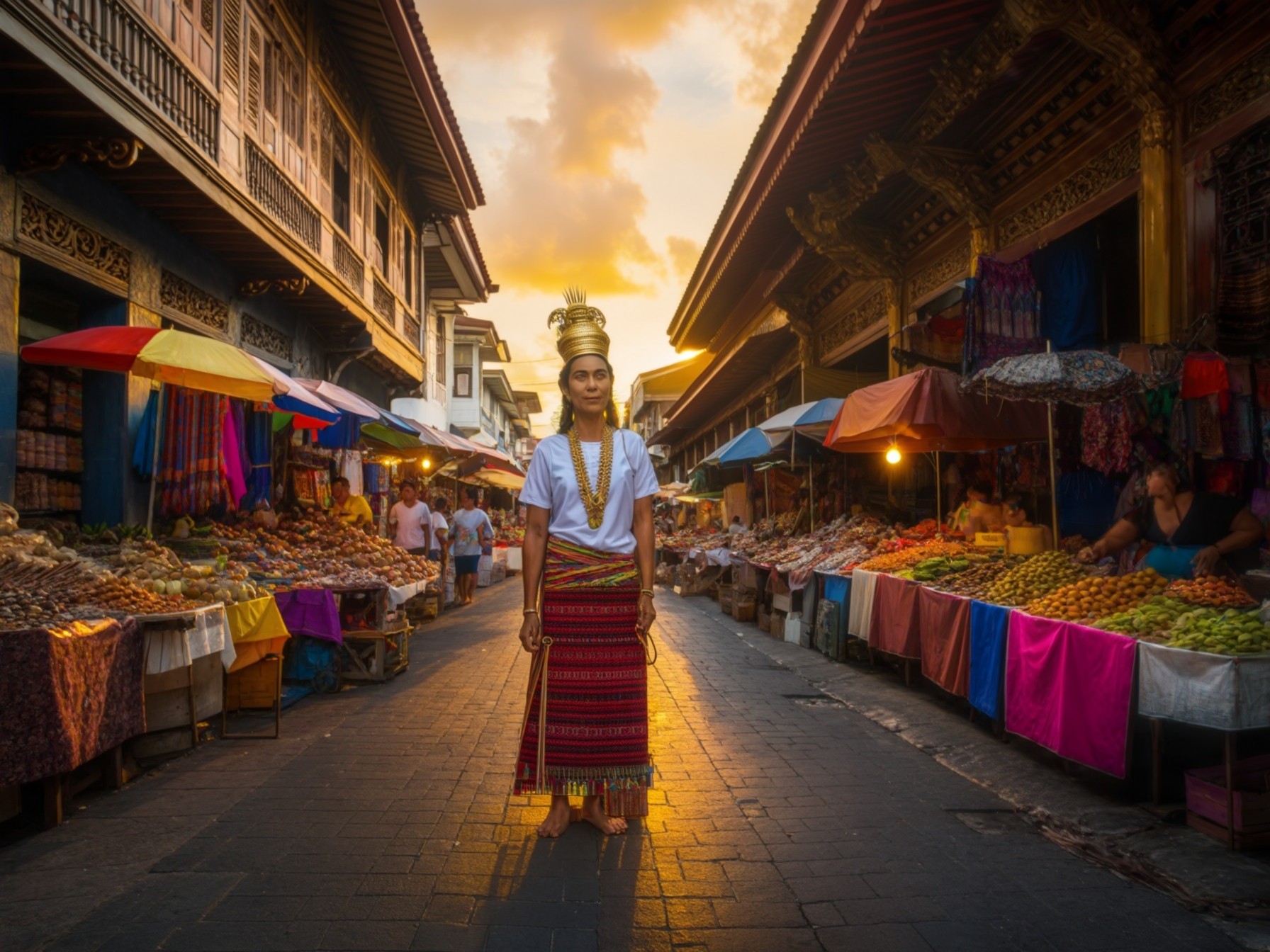 Traditional woman in vibrant clothing walking through a bustling outdoor market at sunset, with vivid fruits and textiles displayed.