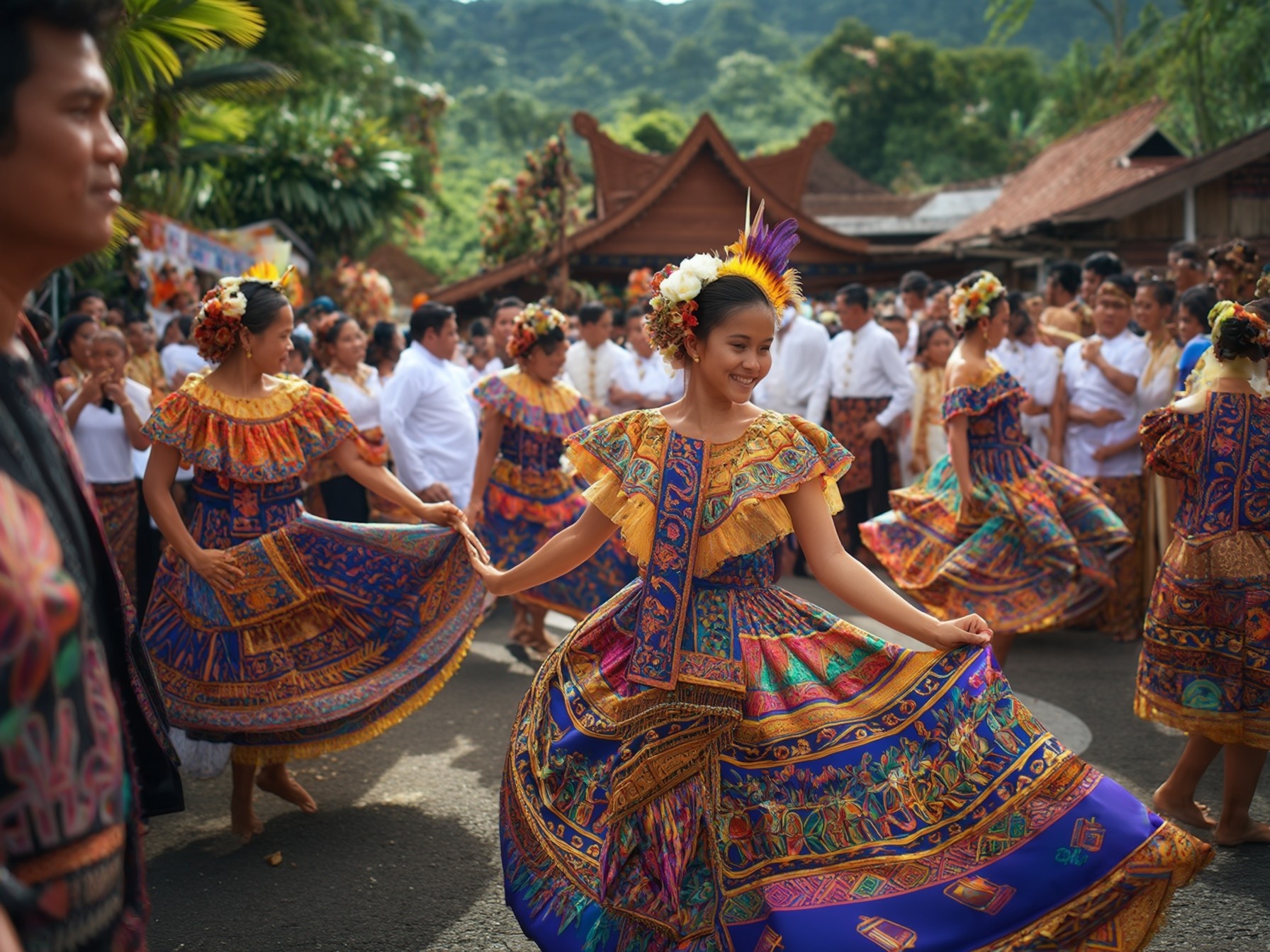 Colorful traditional dance performance at a cultural festival with dancers in vibrant costumes and an audience in the background.