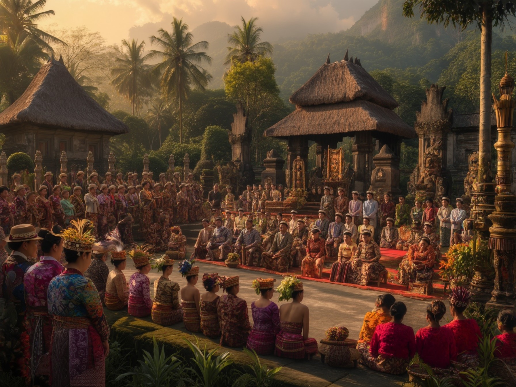 Traditional Balinese ceremony with participants in colorful attire at a temple, surrounded by lush greenery and tropical landscapes.