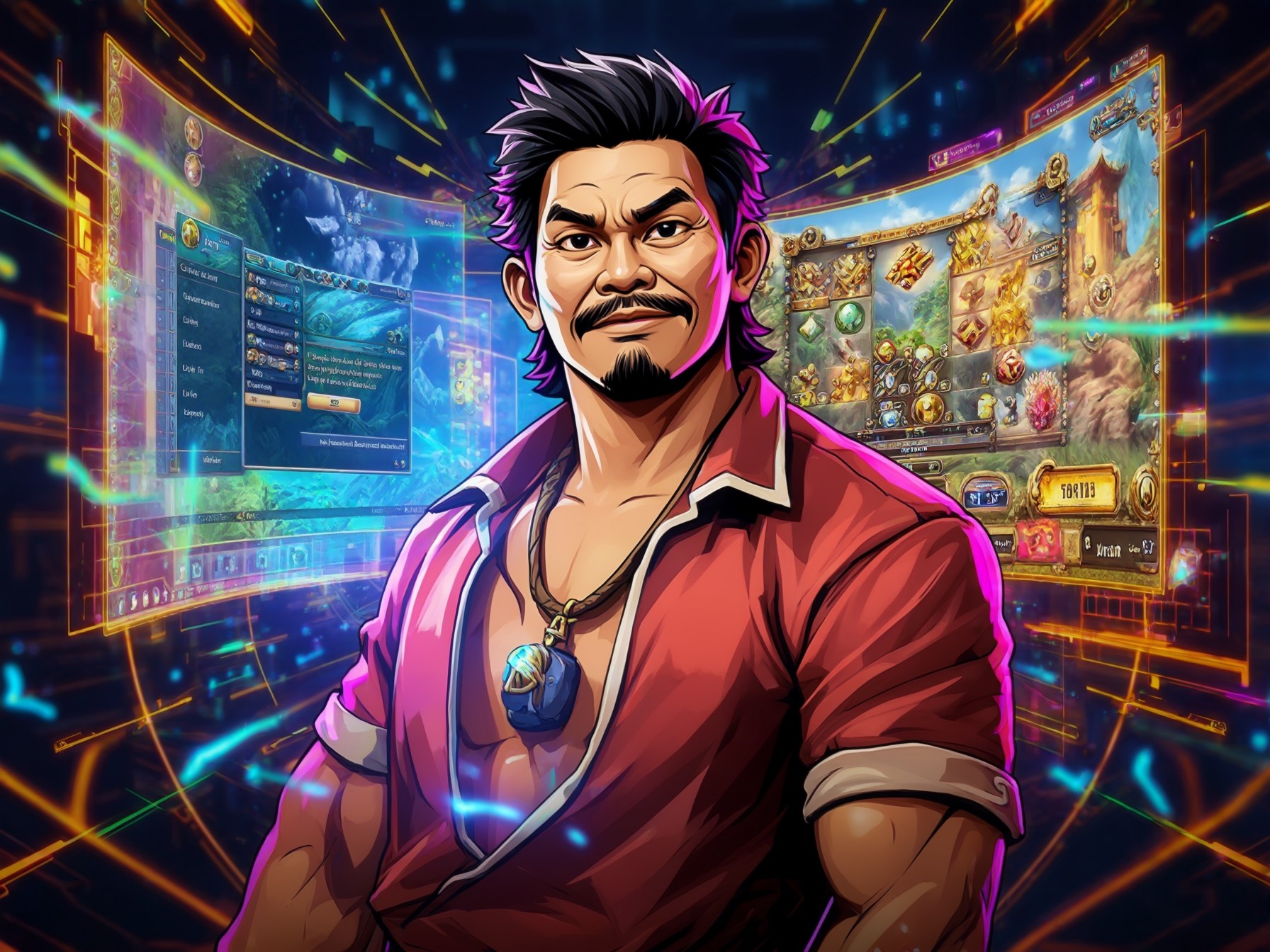 Illustration of a muscular male gamer with virtual gaming screens in the background emitting futuristic neon lights.