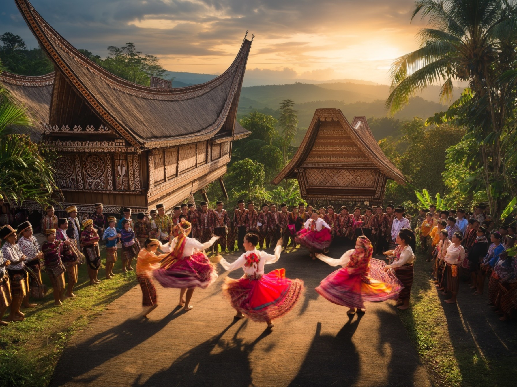 Traditional dancers in colorful attire perform in a vibrant cultural festival, surrounded by ornate wooden houses and lush greenery.